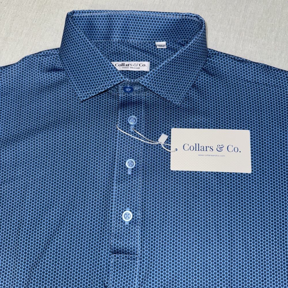 Collars & Co Golf Polo Blue Geometric AOP Size Relaxed Small Preppy NWT